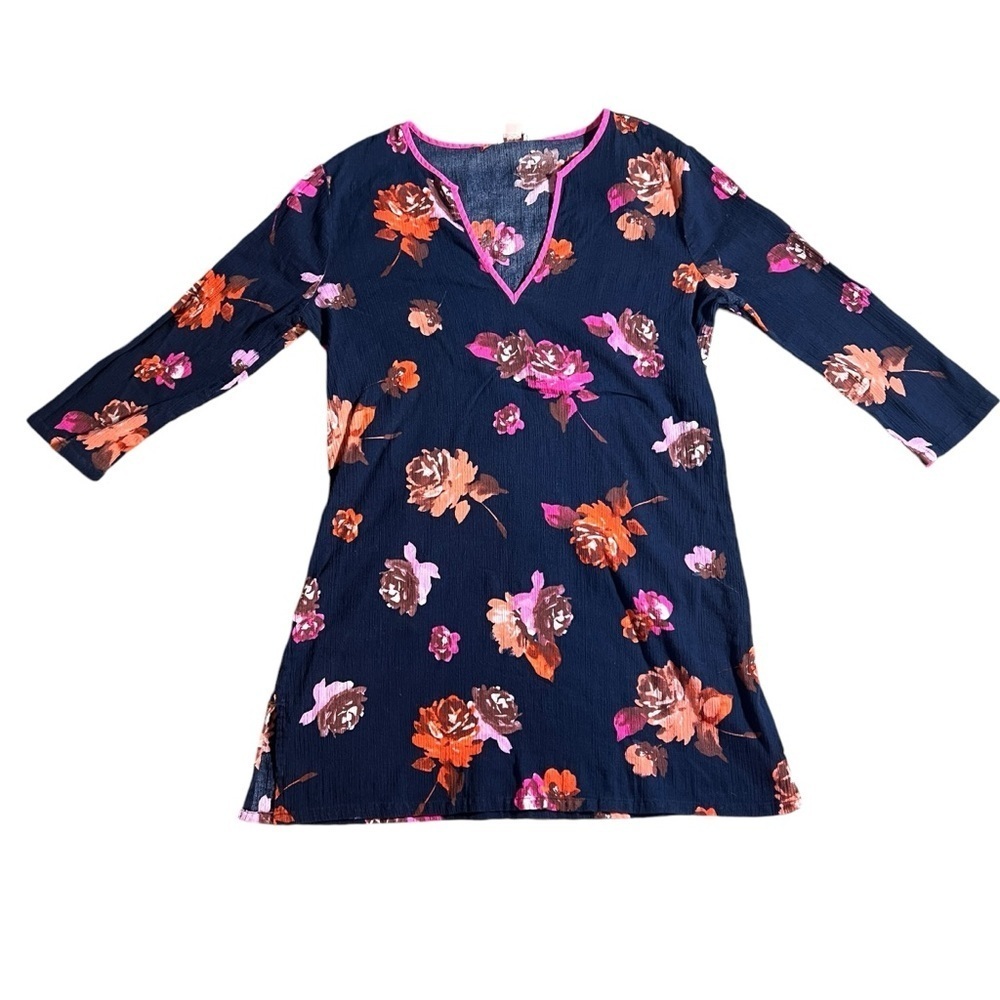 J. Crew 100% Cotton Floral Long Sleeve Gauze Tunic, Navy Blue + Pink Rose, Small